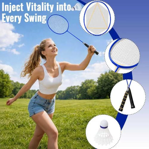 Backyard Badminton Set: Portable Outdoor Net with 4 Performance Rackets, 3 Shuttlecocks & Boundary Line - Complete Heavy-Duty Set for Family Lawn, Grass & Beach Games - color: Blue