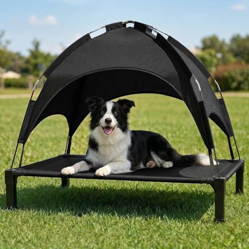 Elevated Dog Bed with Canopy Raised Pet Cot for Large Dogs, Outdoor Dog Cot with Removable Sun Shade Tent, Breathable Mesh Portable Dogs Cot for Camping, Beach, Backyard, Outdoor Use - color: Black, size: 42.1"l X 31"w X 37"h