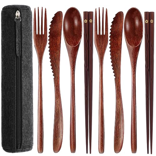Reusable bamboo Utensils for Eating 8 Pcs Travel Wooden Spoons Forks Chopsticks Cutlery Set with Case Portable Lunch Utensils Silverware Set for Lunch Wood Flatware Set for Eating - color: 2 Sets of Knives, Spoons, Chopsticks and Forks with Case