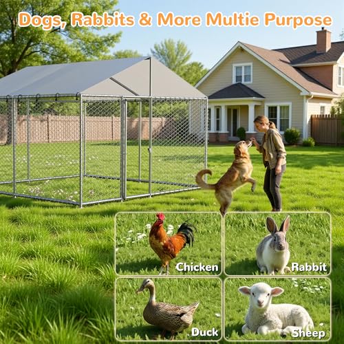 10x10 FT Extra Large & Heavy Duty Dog Kennel Run - Outdoor Metal Enclosure with Lockable Door and Waterproof Cover for Big Dogs - size: 124x124in