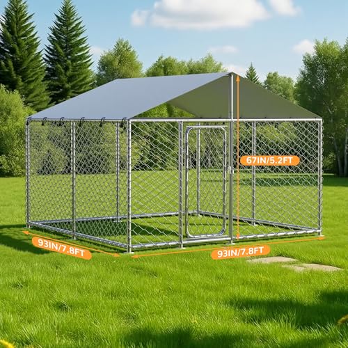 7.8x7.8 FT Extra Large & Heavy Duty Dog Kennel Run - Outdoor Metal Enclosure with Lockable Door and Waterproof Cover for Big Dogs - size: 93x93in