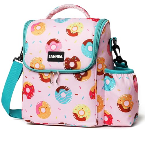 Reusable Lunch Bags Insulated Cooler Lunch Box Tote 7.5L Pink Donut Bento Bags With Side Water Bottle Pockets Removable Adjustable Strap - color: 7.5L Pink Donut