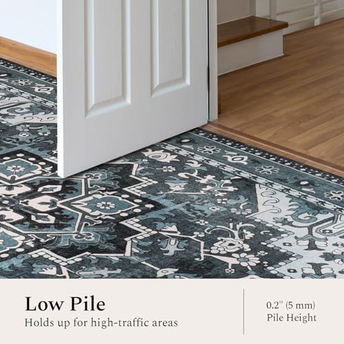 Rugflix 6x9 Area Rugs Machine Washable, Dark Navy Blue Carpet for Living Room, Oriental Indoor Area Rug Low Pile, Large Soft Thick Carpets Non Slip, Farmhouse Vintage Rug for Bedroom Dining Room - color: Blue, size: 6' x 9' (Rectangular)