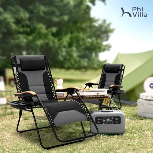 PHI VILLA XXL Oversized Padded Zero Gravity Chair, Foldable Patio Recliner, 30" Wide Seat Anti Gravity Lounger with Cup Holder, Support 400 LBS (Black) - color: Black, style: 1 Pcs