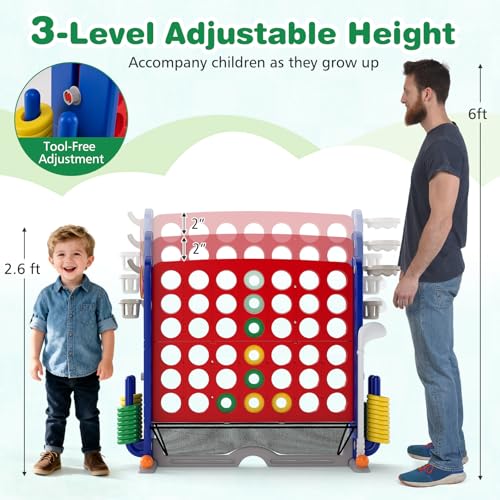 COSTWAY Giant 4 in A Row Connect Game Set, Height Adjust 4-to-Score Game with Mesh, Golf, Ring Toss Sets, Basketball & Cup Holders, Indoor Outdoor Yard Party Game for Kids Adults, Family (Red) - color: Red & Navy