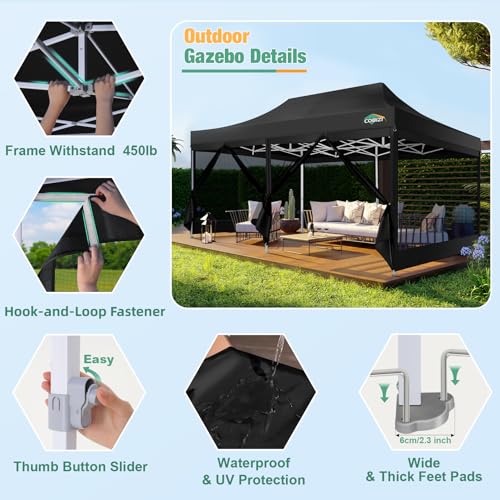 COBIZI 10x20 Canopy Tent, Heavy Duty Pop up Canopy with Sidewalls, Waterproof Easy Setup Canopy with Mosquito Netting, Outdoor Instant Screen Tents for Parties, Wedding with Roller Bag, Black - color: Black, size: 10x20FT