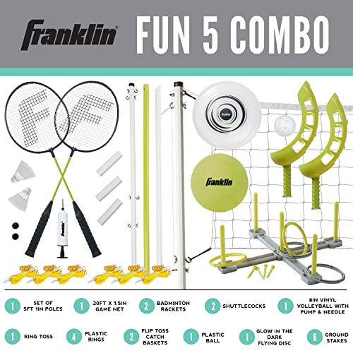 Franklin Sports Fun 5 Combo Outdoor Game Set - Backyard, Beach + Camping Games for Kids - Badminton, Volleyball, Flip Toss, Flying Disc - Horseshoes or Ring Toss - style: Yellow Combo Set