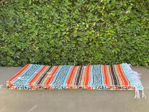 Del Mex Classic Mexican Blanket, Large Authentic Woven Falsa Throw (70"x50"), Artisan Southwest Décor for Beach, Yoga, Outdoors (Mint/Tan/Orange) - color: Mint/Tan/Orange