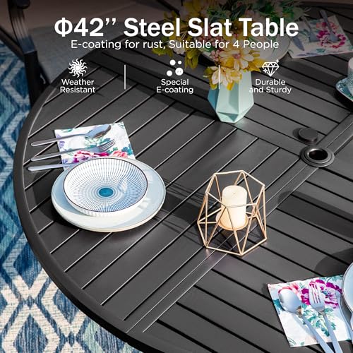 PHI VILLA Patio Dining Set 5 Piece, 4 Breathable Textilene Swivel Patio Chairs and 1 Round Metal Table with 1.57" Umbrella Hole, All Weather Resistant for Lawn Garden - color: Brown Fabric, size: 42" Dia x 28"H-5 Piece-Metal