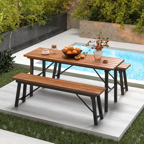 HAPPYGRILL Folding Picnic Bench Set of 2, 55” Long Rectangular Wooden Dining Camping BBQ Benches, Portable Acacia Wood Bench w/Metal Frame, Outdoor Indoor Bench Seat for Porch Garden Yard Patio Deck