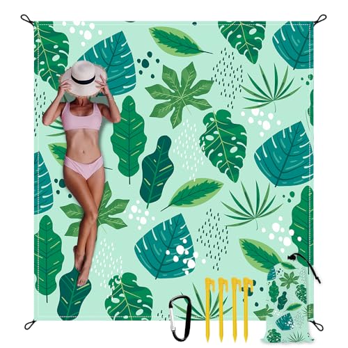 Beach Blanket Waterproof Sandproof Oversized Extra 110" * 118"/ 9 * 10 Ft Sand Free Beach Mat with Stakes, Storage Bag - Essentials for Outdoor Beach, Picnic,Quick Drying Durable - color: Palm Leaf, size: 9x10 FT (1～8 Person)
