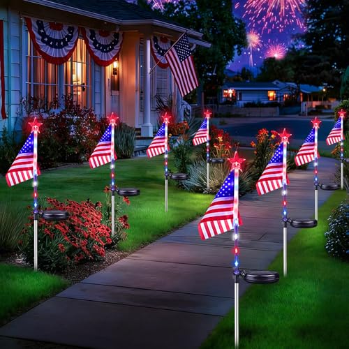 8 Pack American Flag Solar Lights Outdoor, 4th of July Decorations Red White and Blue Star Lights, 2 Modes Waterproof Solar Patriotic Lights for 250th Anniversary Independence Memorial Day Garden Yard - color: Red White and Blue-Flag, size: 8 Pack