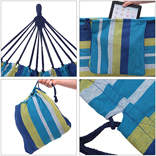 SONGMICS Double Hammock, 98.4 x 59.1 Inches, 660 lb Load Capacity, with Hanging Straps, Carabiners, Carry Bag, for Garden, Outdoor, Camping, Blue and Yellow Stripes UGDC15YU - color: Blue + Yellow Stripes