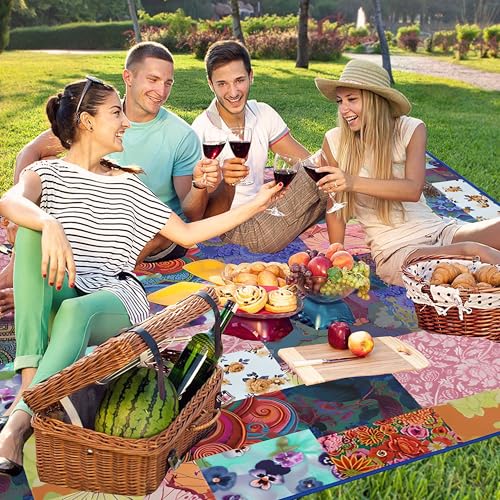 Supfitness Extra Large Picnic Blankets Waterproof Foldable (80 "x 80") Beach Blanket Waterproof Sandproof,3-Layer Thicking Mat Outdoor Packable Camping Blanket - color: Flower-4, size: 6'8" x 6'8" (Square)