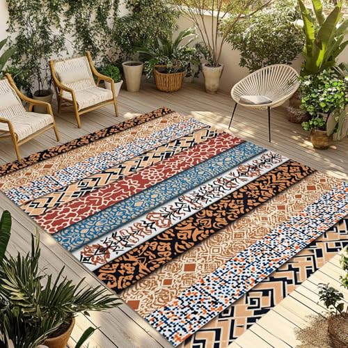Outdoor Rug 5x8ft, Boho Stripes Ethnic Style Indoor Area Rug for Patio Backyard Deck Large Floor Mat, Retro Abstract Totem Non-Slip Outside Carpet Balcony Porch Camping Rugs Picnic Mat - size: 5' x 8' (Rectangular)