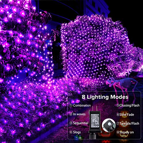 BlcTec Halloween Net Lights, 200 LED 8.4ft x 5.2ft Purple Halloween Lights with 8 Modes, Timer, Connectable, Waterproof and Green Wire Design for Trees, Bushes Outdoor Decorations - color: Purple, size: 200LED