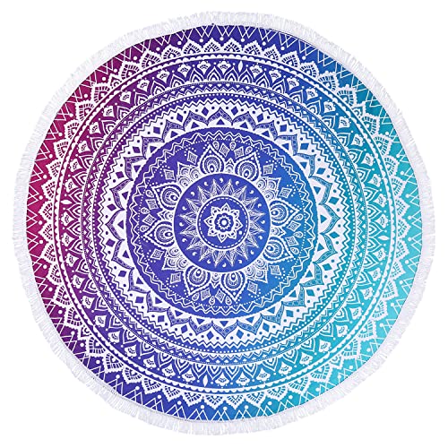 Benefeet Sox Beach Towel Large Round Mandala Pool Towels Tassels Microfiber Quick Dry Beach Blanket Throw Bohemian Roundie Swim Pool Circle Towel, 59 Inches - color: Mandala Gradient, Blue Purple White