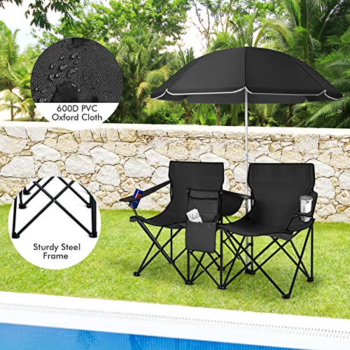 LUARANE Folding Double Camping Chair, Outdoor Picnic Chairs w/Removable Umbrella, Mini Table, Cup Holder & Carrying Bag, Portable Camping Loveseat for Patio, Pool, Lawn, Beach, Park (Black) - color: Black