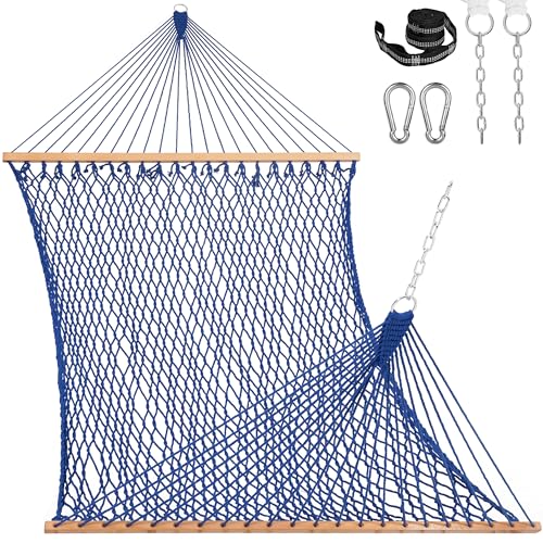 Lazy Daze Hammocks 12FT Double Rope Hammocks, 2 Person Hand Woven Cotton Hammock with Spreader Bar for Outside, Patio, Poolside, FIT 13-15 FT Stand, Max 450 Lbs, Blue, 141 x 57 inches - color: Blue