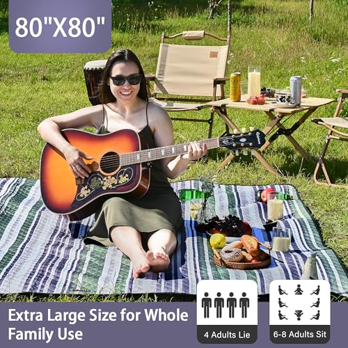 HX&OD Outdoor Picnic Blanket Extra Large, 80''*80' Waterproof Picnic Mat with Stakes Foldable Camping Blanket Portable with Carry Strap for Beach Mat (Green, 80''*80'') - color: Green, size: 6'8" x 6'8" (Square)