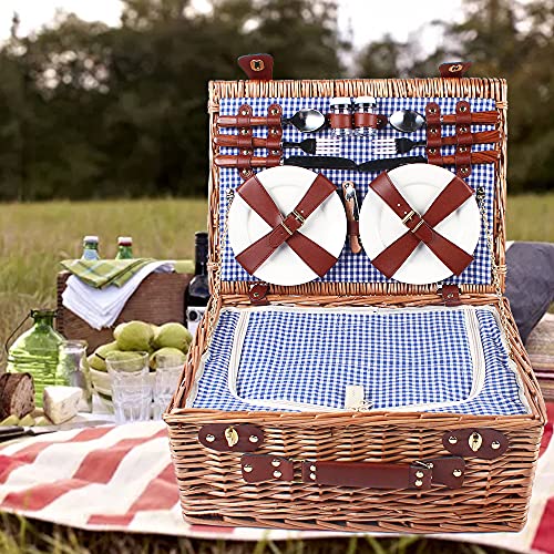 18x13x8in Picnic Basket Set,Hand-Woven Wicker Basket with Heat Cold Insulation,Complete Picnic Set with 2 Wine Glasses for Excursions, Camping, Hiking,Picnics, Outdoor Parties
