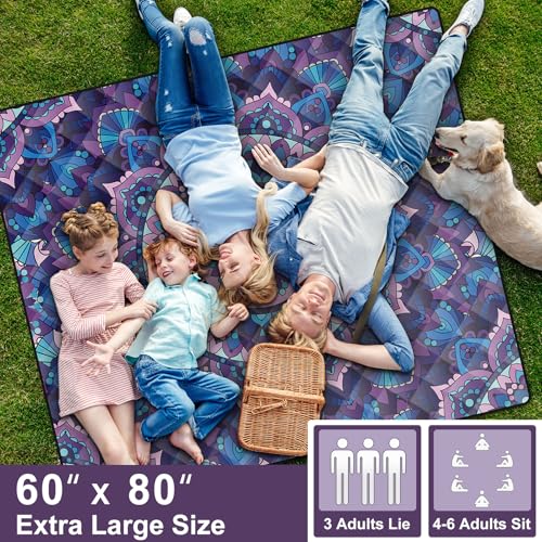 60x80" Extra Large Picnic Blankets Waterproof Sandproof Couple Outdoor Beach Blanket Foldable Grass Park Lawn Concert Mat Summer Camping Essentials Rv Travel Vacation Accessories Festival Gift - color: Purple Mandala, size: 6'8" x 5' (Rectangular)