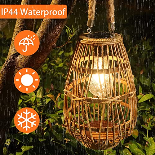 Solar Lantern Outdoor Waterproof Large Rattan Lanterns Decorative Bright Boho Lanterns Lights with Handle Rustic Hanging or Table Lamp for Fence Porch Garden Yard Wedding Decoration - size: Rattan 2