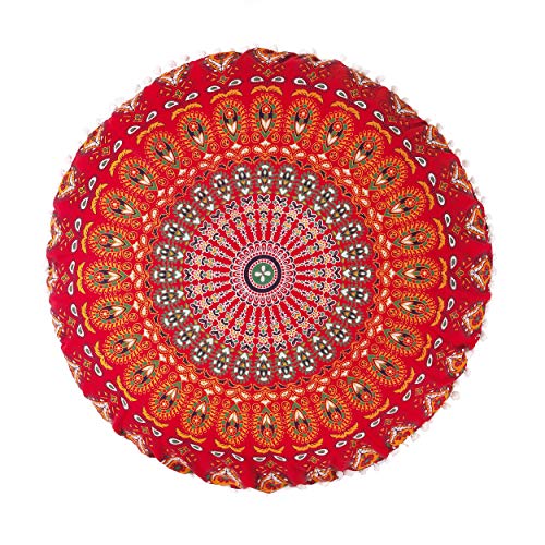 Popular Handicrafts Floor Pillow Cushion Cover - Hippie Mandala Cushion Cover Large with Pom Poms Soft Particles - Pouf Cover Round Bohemian Yoga Decor, 32" Red - color: Red, size: 32" x 32" (Pack of 1)