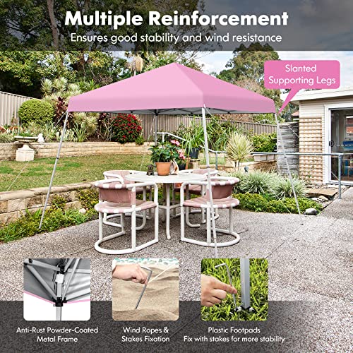 Tangkula 10x10 Ft Pop Up Canopy, Slanted Leg Outdoor Canopy Tent with Center Lock, UPF50+ Sun Protection, 4 Stakes, 8 Ropes, Carrying Bag, 1 Person Setup Instant Tent Shelter for Camp, Beach, Patio - color: Pink