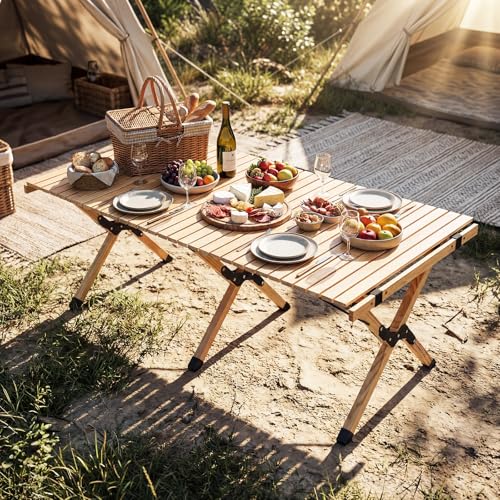 GYMAX 48 Inch Folding Camping Table, Roll-Up Pine Wood Picnic Table with Carry Bag, Portable Lightweight Low Beach Table for BBQ, Party, Backyard Camping