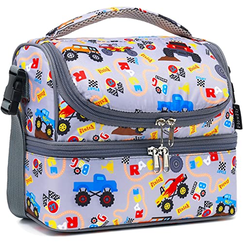 FlowFly Double Decker Cooler Insulated Lunch Bag Large Tote for Boys, Girls, Men, Women, With Adjustable Strap (Truck) - color: Truck