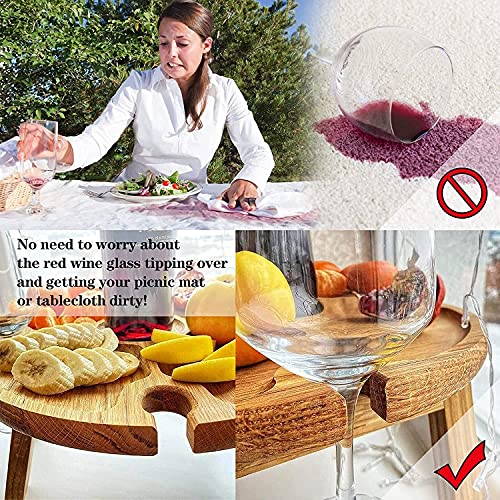 Wooden Folding Picnic Table with Wine Glass Holder - Portable Creative 2 in 1 Wine Glass Rack & Compartmental Dish for Cheese and Fruit for Outdoor, 11.81D x 11.81W x 6.29H in