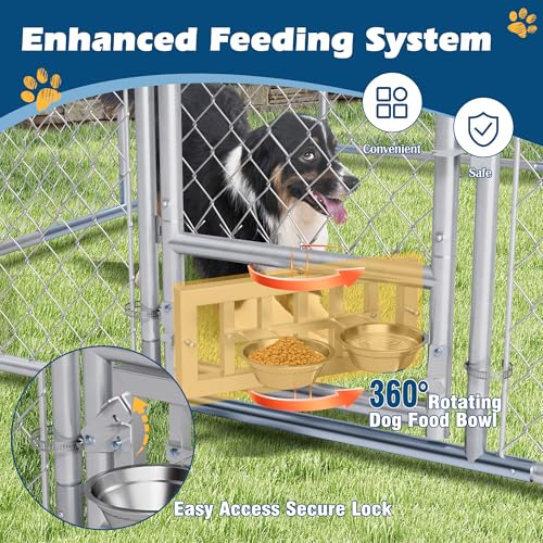 10ft×10ft Outdoor Large Dogs Kennels Enclosure - Outside Dog Cage with Waterproof roof Cover, Galvanized Steel Dogs House Fence Playpen with Rotating Feeders for Patio Backyard Farm Gardens - size: 118.0"L x 118.0"W x 83.0"H
