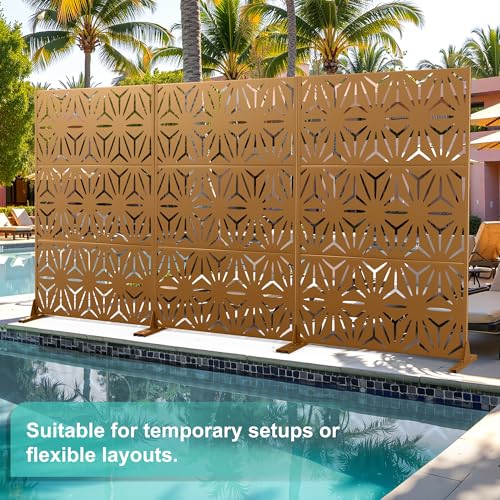Modern Metal Privacy Screen, Patio Outdoor Privacy Panels with Stand, Freestanding Outdoor Divider for Yard, Deck＆Garden(71.3"*47.3"*15.7") - color: Brown,Star