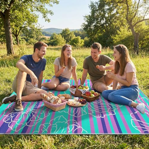 Garvee 6x9 Outdoor Waterproof Rug, Floral Outdoor Area Rug，Reversible Plastic Straw Patio Rug, Portable Camping Mat for RV, Picnic, Beach, Balcony, Garden & Camping Purple&Blue - color: Purpleblue, size: 6' x 9' (Rectangular)