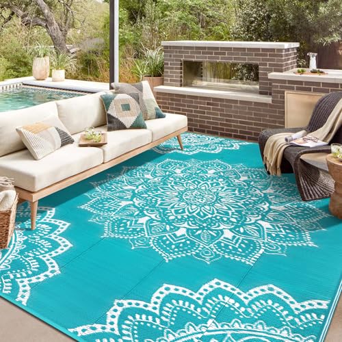 Yamaziot Waterproof Outdoor Rug 8x10 ft, Reversible Plastic Straw Rug for Patio Clearance, Camping, RV Mat, Large Outside Rug Carpet for Porch, Deck, Backyard, Balcony, Picnic (Blue) - color: Blue, size: 8' x 10'