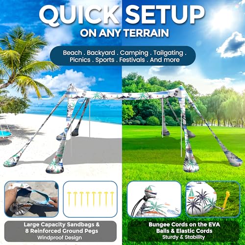 Beach Canopy Beach Tent Pop Up Shade 10x10ft Sun Shelter UPF50+ with 8 Sandbags-2 Sand Shovel-4 Aluminum Poles-Ground Pegs-Portable Carrying Bag for Outdoor Family Camping Fishing Yard Picnic - color: Coconut Tree