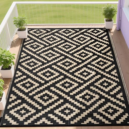 RURALITY Outdoor Rugs 9x12 Feet for Patios Clearance,Plastic Straw Waterproof Mats for Backyard,Porch,Deck,Balcony,Black&Beige - color: Cross-black&beige, size: 9' x 12' (Rectangular)