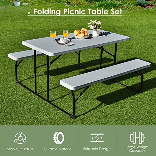 S AFSTAR Folding Picnic Table Bench Set, Foldable Picnic Table with 2 Benches, Outdoor Table and Bench W/Steel Frame & Wood-Like Texture Tabletop, Camping Table Chair Set for Garden Patio Lawn (Gray) - color: Grey