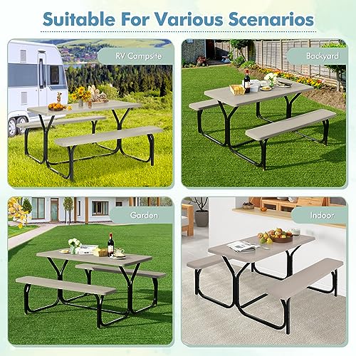Moccha Picnic Table Bench Set, Portable Plastic Picnic Table w/Steel Frame & Wood-Like Texture, All Weather Heavy Duty Picnic Table Kit, Picnic Tables for Outdoors Garden Patio Dining (Light Brown) - color: Light Brown