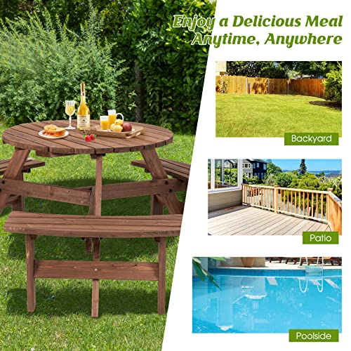 Giantex 6 Person Wooden Picnic Table Set with Wood Bench, with Umbrella Hold Design, Perfect for Outdoor Garden Yard Pub Beer Dining, Dark Brown - size: 67"L×67" W×27.5"