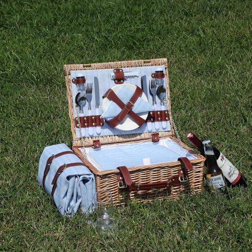 Picnic Baskets Wicker Willow Picnic Set for 4 Persons with Insulated Cooler Bag and Waterproof Blue Picnic Blanket Gift for Christmas Thanksgiving Wedding Birthday Camp Outdoor Beach Travel - color: Light Blue