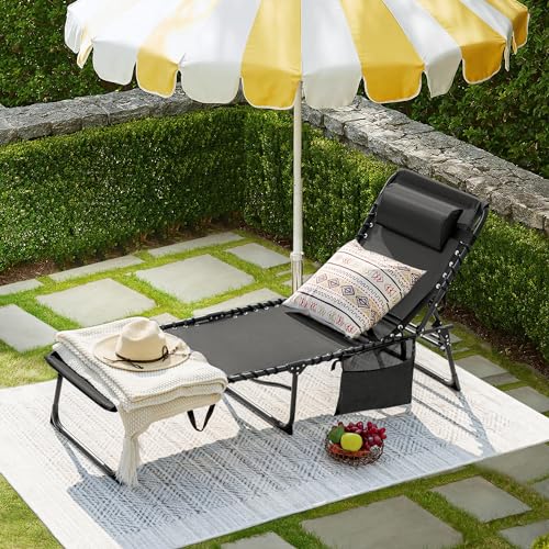 Flamaker Foldable Chaise Lounge Chair 5-Position Adjustable, Tanning Chair with Side Pocket, Outdoor Sunbathing for Pool, Beach, Patio, Lawn, Indoor Recliner Chair for Napping(Grey, 1 Pcs) - color: Grey, style: Normal, 1 Pcs