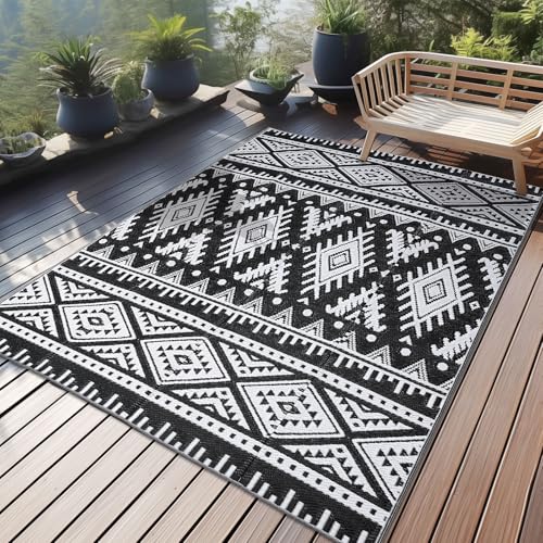OLANLY Outdoor Rug Waterproof 4x6 ft, Reversible Outdoor Plastic Straw Rug, Boho Patio Rug, Indoor Outdoor Carpet, RV Mat Outside for Patio, Camp, Picnic, Balcony, Deck, Backyard, Black & White - color: Black & White, size: 4' X 6' (Rectangular)