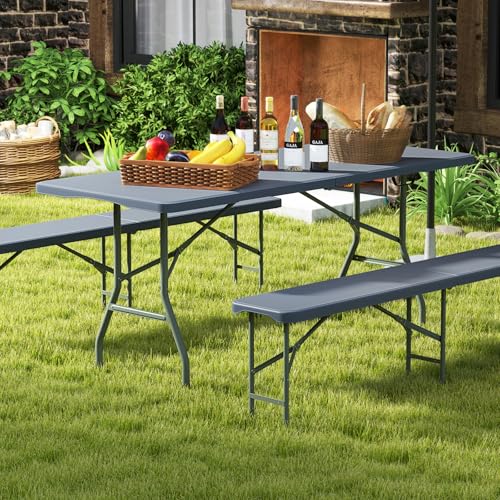 Goplus 6ft Plastic Folding Table, 350 LBS Outdoor Heavy Duty Folding Tables with HDPE Tabletop, Handle, Lock, Foldable Rectangle Portable Utility Card Table for Picnic, Party, Camping, Dining - color: Grey, size: 6 FT
