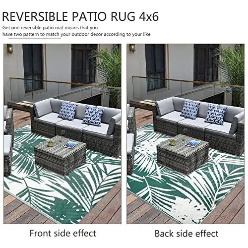 famibay 5x8 Outdoor Rug Waterproof Patio Rug Tropical Outdoor Plastic Straw Rug Outdoor Carpet Reversible Deck Rugs Waterproof Lightweight Portable Rugs for Patio Camping RV(Green) - color: Green & White, size: 5' x 8'