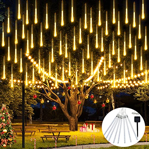 JMEXSUSS Solar Meteor Shower Lights Outdoor, 8 Tube 144 LEDs Warm White Solar Christmas Lights for Tree Eave Xmas Holiday Party Patio House Wedding Decor - color: Warm White, size: 1*144LED