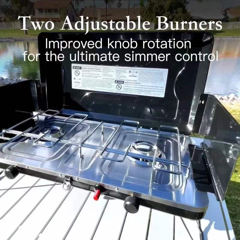FineFlame Camping Stove, Propane Portable Camp Stove with Regulator, Push-Button Instant Ignition, Adjustable Burners & Wind Guards for Car BBQ Picnics Outdoor Camping Cooking (20000BTU-2 Burners) - color: Black-2 burner-20000BTU