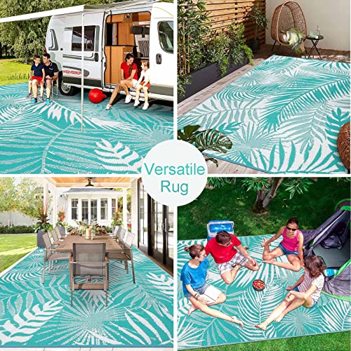 Outdoor Rug Waterproof for Patios Clearance, 10'x14' Quick Drying Outdoor Plastic Straw Rug Camping Carpet, Outside Floor Mats Large Area Rugs for RV,Patio,Deck,Porch, Beach, Balcony,Teal&White - color: Teal Blue, size: 10' x 14' (Rectangular)