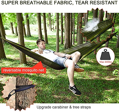 Camping Hammock with Rain Fly Tarp and Mosquito Net Tent Tree Straps, Portable Single Double Nylon Parachute Hammock Rainfly Set for Backpacking Hiking Travel Yard Outdoor Activities Green - color: Green